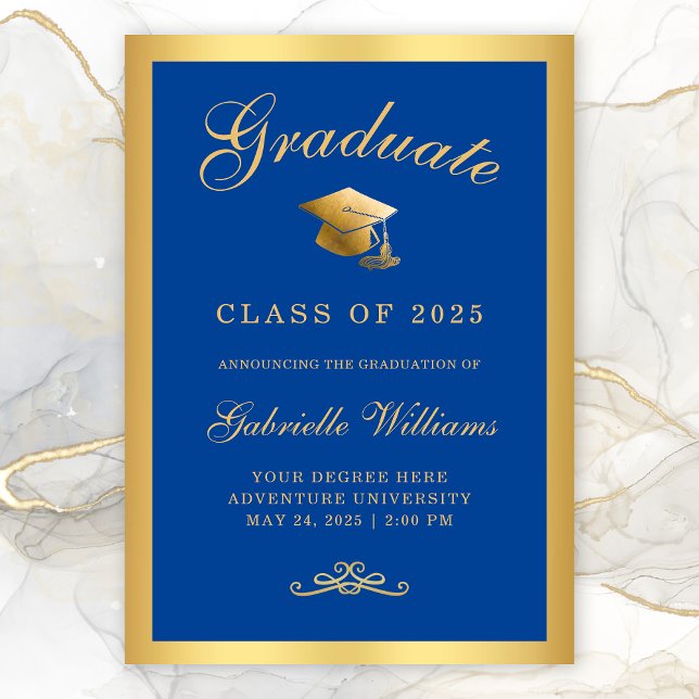 Chic Royal Blue Gold Frame Script Abschluss Ankündigung (Chic Royal Blue Gold Border Typography Graduation Announcement)