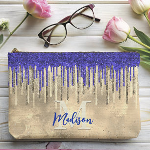 Chic Royal Blue Gold Glitzer Tropfen Monogramm Zubehörtasche