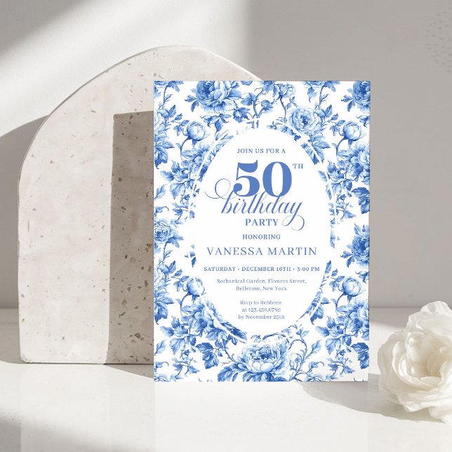 Chic Royal Blue Toile de Jouy 50th Birthday Invite Einladung (Chic Royal Blue Toile de Jouy 50th Birthday Invite)