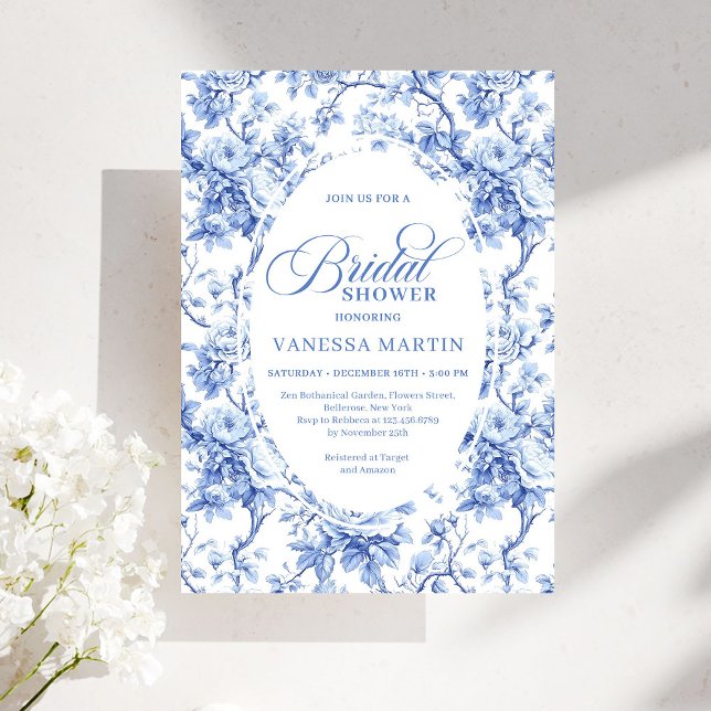 Chic Royal Blue Toile de Jouy Bridal Shower Invite Einladung (Chic Royal Blue Toile de Jouy Bridal Shower Invite)