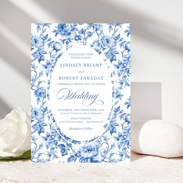 Chic Royal Blue Toile de Jouy Romantic Wedding  Einladung (Chic Royal Blue Toile de Jouy Romantic Wedding Invitation)