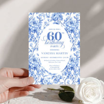 Chic Royal Blue Toile Rosen 60. Geburtstagseinladu