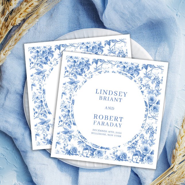 Chic Royal Blue Toile Roses Personalized Wedding  Serviette (Chic Royal Blue Toile Roses Personalized Wedding Napkins)