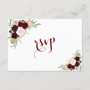 Chic Royal Burgundy Marsala Floral Wedding RSVP Karte