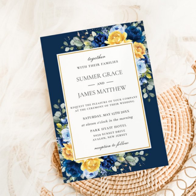 Chic Royal Dusty Navy Blue Yellow Floral Wedding Einladung (Von Creator hochgeladen)