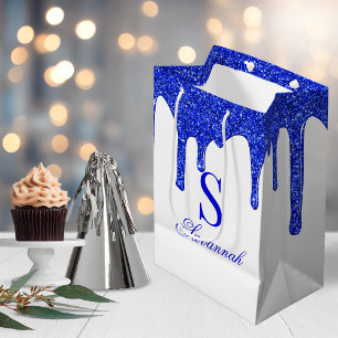 Chic Royalblaue Glitter Drips Glanz Monogramm Mittlere Geschenktüte