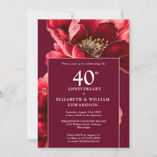Chic Ruby Red Elegant Floral 40 Jahre Geburtstag Einladung