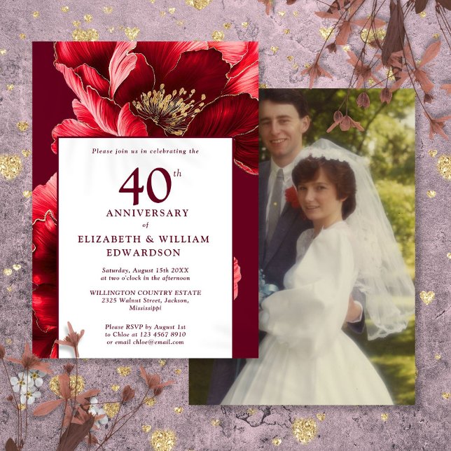 Chic Ruby Red Floral 40-jähriges Foto Einladung (Chic Ruby Red Floral 40th Anniversary Photo Invitation)