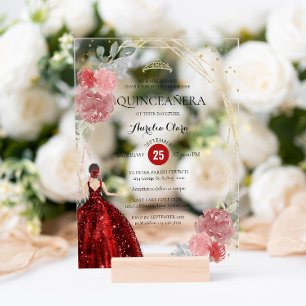 Chic Ruby Red Floral Geometric Quinceañera Acryleinladungen