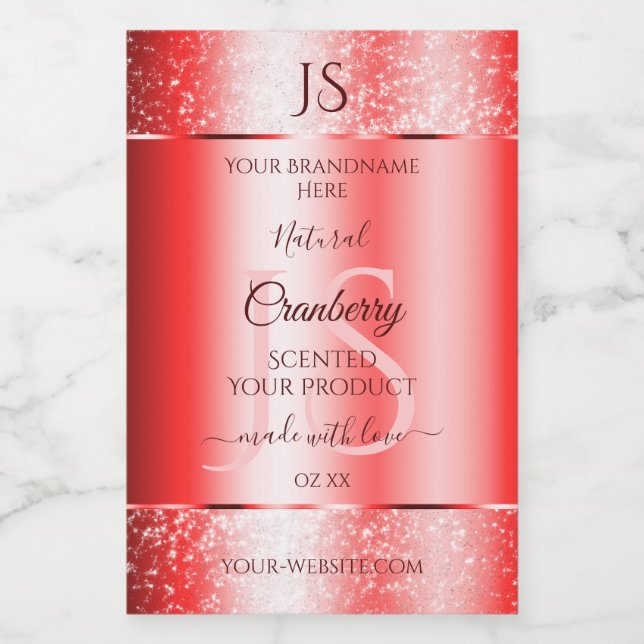 Chic Ruby Red Soft Glitzer Product Labels Monogram Lebensmitteletikett (Einzelnes Label)