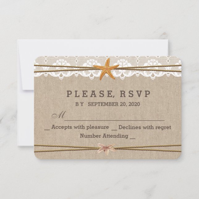 Chic Rustic Beach Starfish Lace Wedding RSVP Karte (Vorderseite)