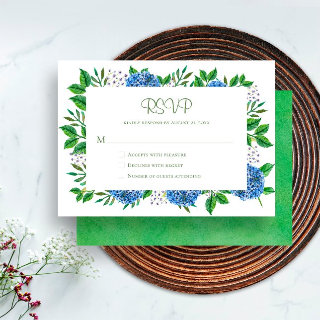 Chic Rustic Blue Hydrangeas Watercolor RSVP Card Einladung (Front / Back)