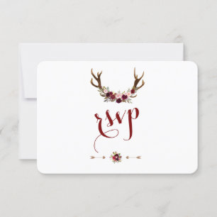 Chic Rustic Burgundy Floral Antlers UAWG RSVP Karte