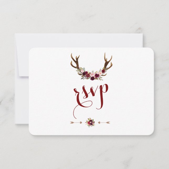 Chic Rustic Burgundy Marsala Floral Antlers UAWG RSVP Karte (Vorderseite)