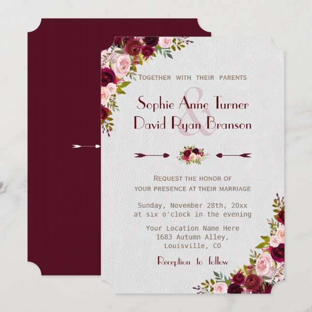 Chic Rustic Burgundy Marsala Floral Wedding Einladung (Vorne/Hinten)