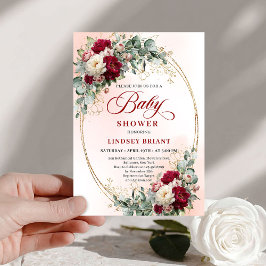 Chic Rustic Burgundy Peony Gold Baby Shower Invite Einladung