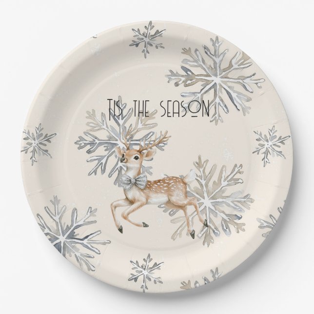 Chic Rustic Christmas Cream Deer Snowflakes Pappteller (Vorderseite)