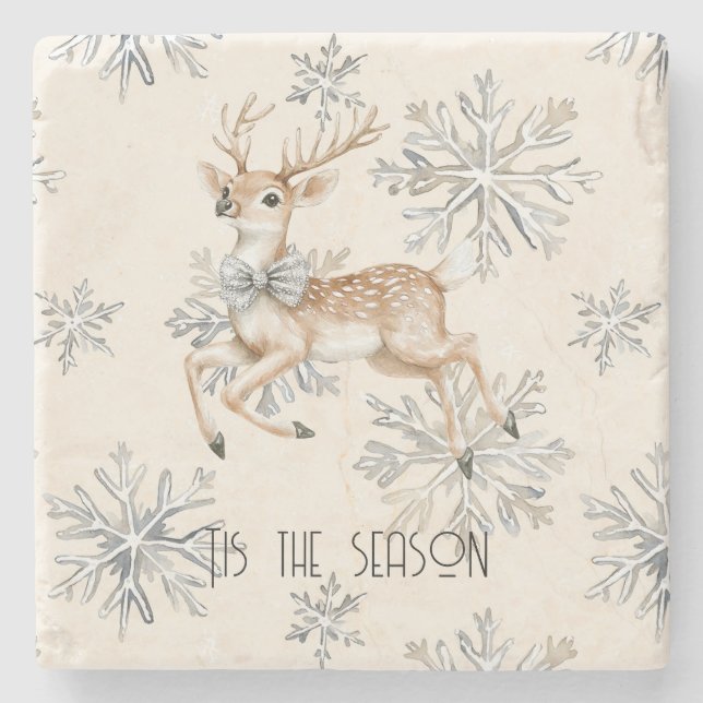 Chic Rustic Christmas Cream Deer Snowflakes Steinuntersetzer (Vorderseite)