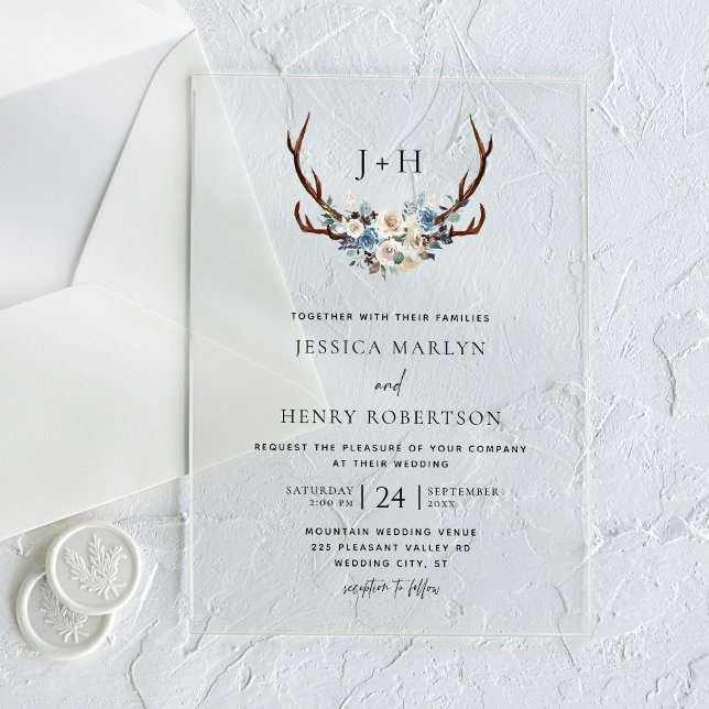 Chic Rustic Floral Stag Antlers Wedding Acryleinladungen (Von Creator hochgeladen)