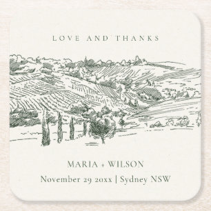 Chic Rustic Green Winery Sketch Hochzeit Rechteckiger Pappuntersetzer