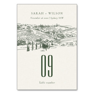 Chic Rustic Green Winery Sketch Hochzeit Tischnummer