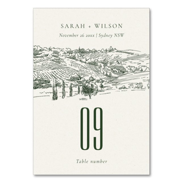 Chic Rustic Green Winery Sketch Hochzeit Tischnummer (Vorderseite)