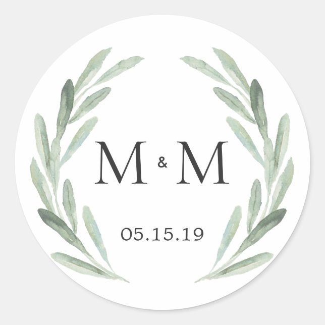 Chic & Rustic Green Wreath Monogram Wedding Gevor Runder Aufkleber (Vorderseite)