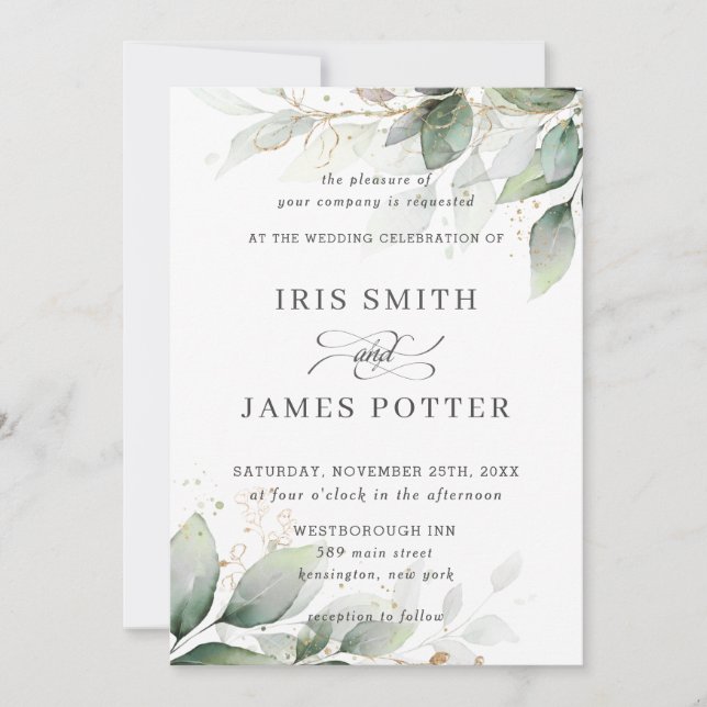 Chic Rustic Greenery Leafy Foliage Gold Wedding Einladung (Vorderseite)