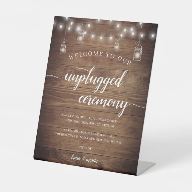 Chic Rustic Holz String Leuchten Unplugged Zeremon Sockelschild (Vorderseite)