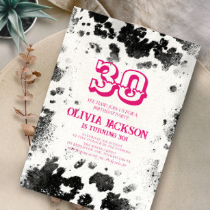 Chic Rustic Kuh Print Hot Pink 30. Geburtstag Part Einladung