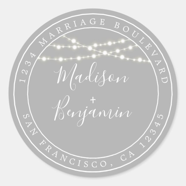 Chic Rustic Lights Gray Wedding Rücksendeadresse Runder Aufkleber (Vorderseite)