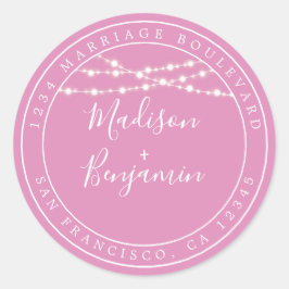 Chic Rustic Lights Pink Wedding Rücksendeadresse Runder Aufkleber