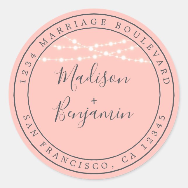 Chic Rustic Lights Pink Wedding Rücksendeadresse Runder Aufkleber (Vorderseite)