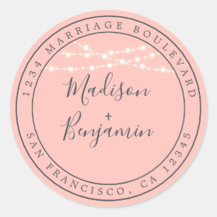 Chic Rustic Lights Pink Wedding Rücksendeadresse Runder Aufkleber