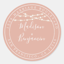 Chic Rustic Lights Pink Wedding Rücksendeadresse Runder Aufkleber