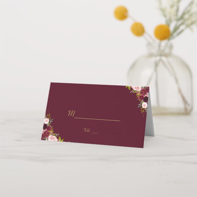 Chic Rustic Marsala Floral Burgundy Tischnummer Platzkarte (Vorderseite)
