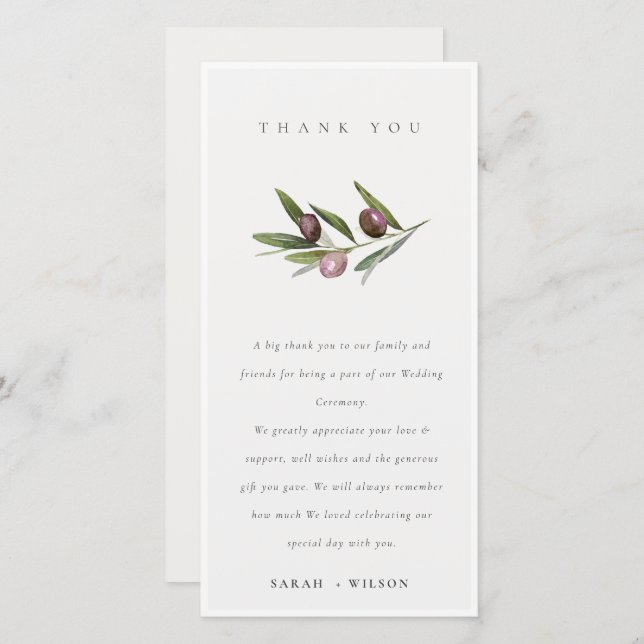 Chic Rustic Minimal Olive Branch Foliage Hochzeit Dankeskarte (Vorne/Hinten)