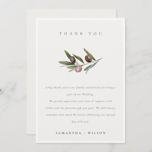 Chic Rustic Minimal Olive Branch Foliage Hochzeit Dankeskarte (Vorne/Hinten)