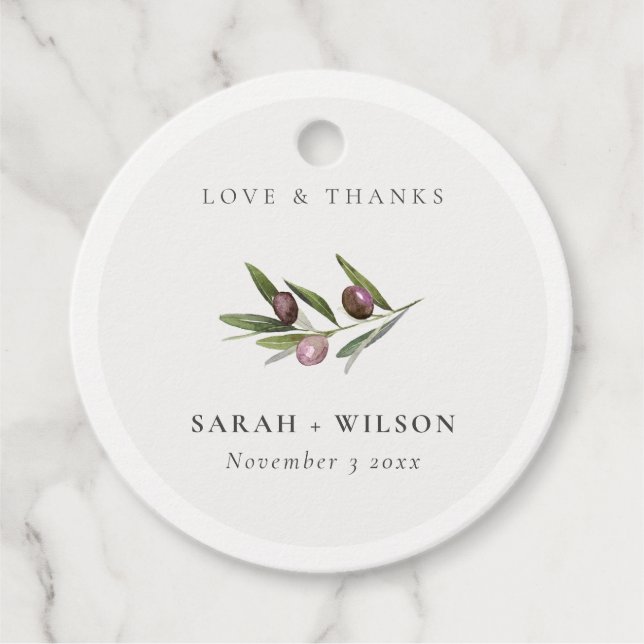 Chic Rustic Minimal Olive Branch Foliage Hochzeit Geschenkanhänger (Vorderseite)