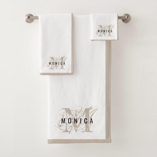 Chic Rustic Modern Beige Monogram Badhandtuch Set (Insitu)