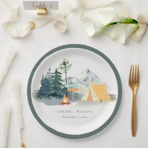 Chic Rustic Pine Woods Camping Mountain Wedding Pappteller