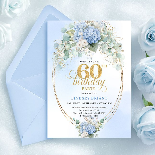 Chic Rustic Soft Blue Hydrangeas Gold 60 Birthday Einladung (Chic Rustic Soft Blue Hydrangeas Gold 60th Birthday)