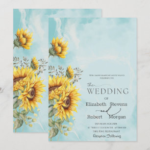 Chic Rustic Sonnenblumen Blue Wedding Einladung