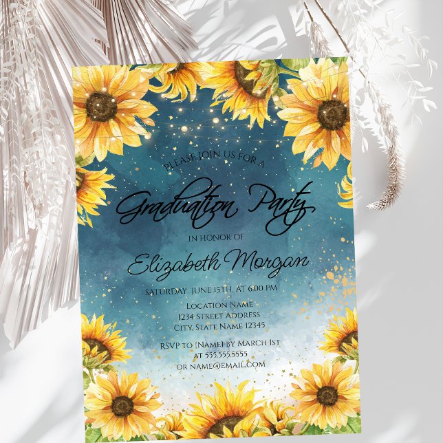 Chic Rustic Sonnenblumen, String Lights Abschluss Einladung (Von Creator hochgeladen)