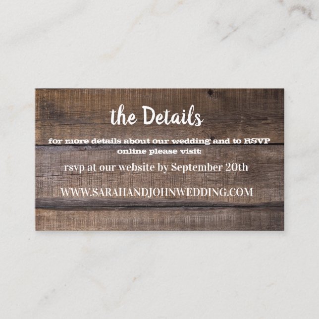 Chic Rustic Wood Wedding Website RSVP Card Visitenkarte (Vorderseite)