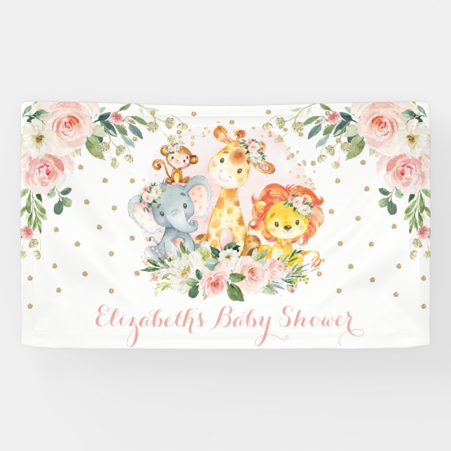 Chic Safari Jungle Animes Blush Floral Baby Girl Banner (Horizontal)