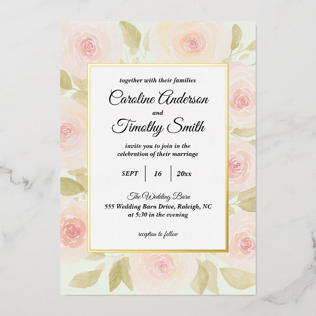 Chic Sage Green and Pink Rose Watercolor Wedding Folieneinladung (Vorderseite)