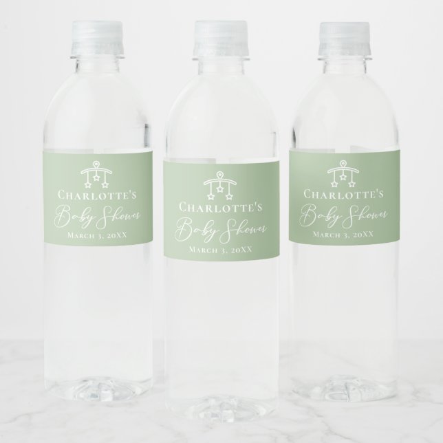 Chic Sage Green Baby Dusche Party Personalisiert Wasserflaschenetikett (Flaschen)