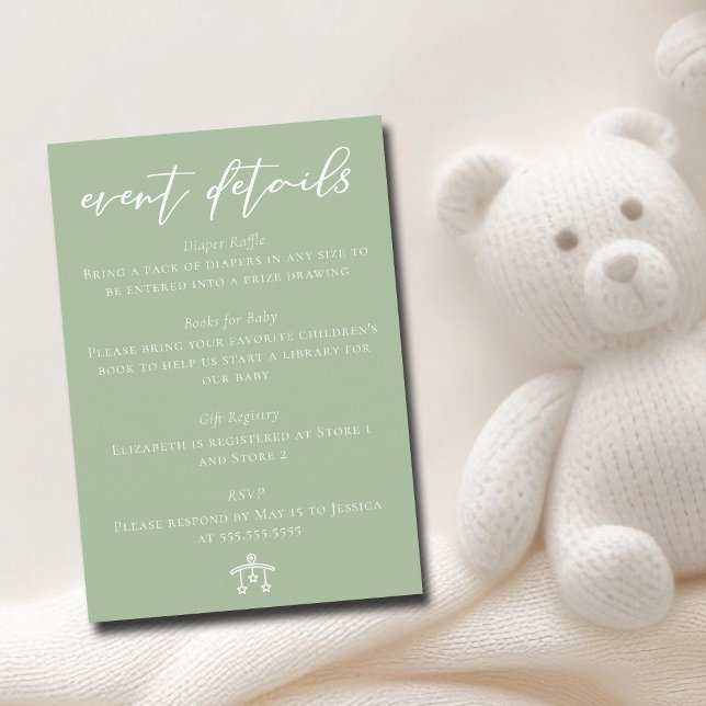 Chic Sage Green Baby Shower Event Details Begleitkarte (Von Creator hochgeladen)