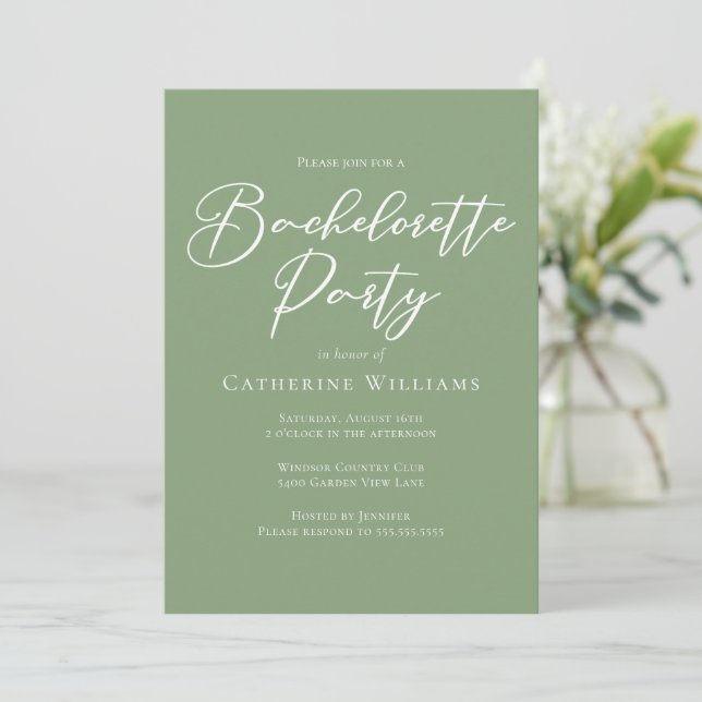 Chic Sage Green Bachelorette Party Einladung (Stehend Vorderseite)
